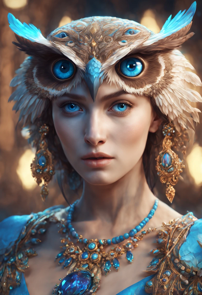 a digital painting of an owl with blue eyes, unreal engine render + a goddess, very detailed , beeple global illumination, elaborate ornate jewellery, trending on cgisociety, motion graphics, rossdraws global illumination, cgsociety