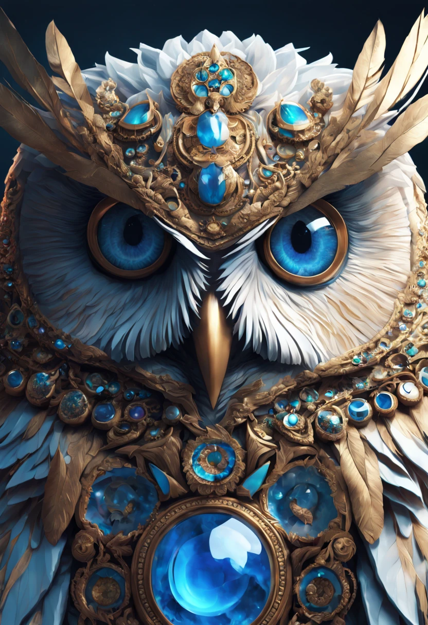 a digital painting of an owl with blue eyes, unreal engine render + a goddess, very detailed , beeple global illumination, elaborate ornate jewellery, trending on cgisociety, motion graphics, rossdraws global illumination, cgsociety