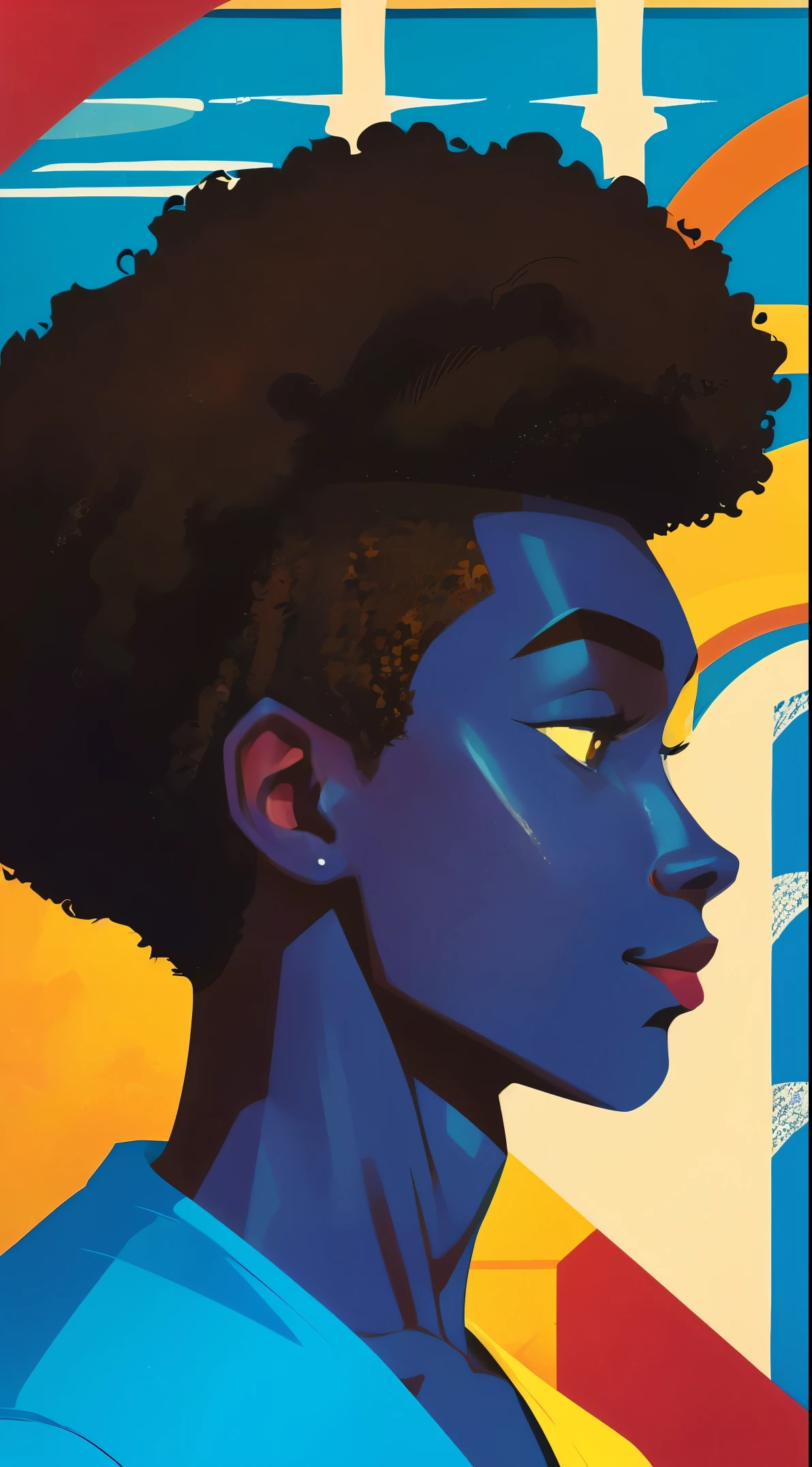 (best quality:1.1),original, 1man, A handsome man with dark skin, Afrocentric, African American man with natural hair, dressed in blue urban clothes, cartoon,illustrations, style is abstract beauty, Sundaratang, mixed patterns, close-ups, charming character illustrations, folklore --ar 2:3 --v 6.0