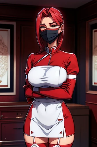 redblack nurse, 1womanl, Nurse, Nurse Cap, Redware, ((Red legwear, zettai ryouiki)), Red Elbow Gloves, Silver hair, Blue eyes, ((White surgical mask, Cover the nose)), Standing, ((surgery room)), sharp outline, Short sleeves, a matural female, 35 year old, Best Quality, masutepiece ,oversize boobs