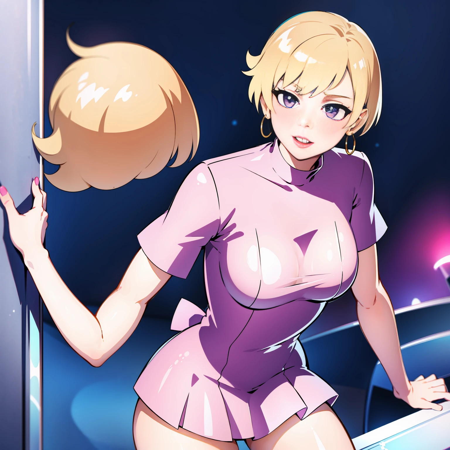 ((1girl in slutty pink latex dress, ))),solo girl, hoop earrings, Puffy lips, Painted lips, thick lips. Blonde hair, short hair , wide hips, thick thighs, Bursting breasts ,evil smile, bimbo,stripclub