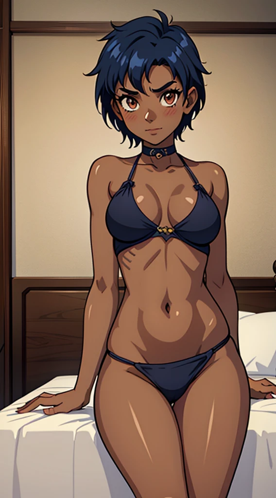 1 girl, solo, TARANEE, w.i.t.c.h, navy blue hair, brown eyes, ((dark skin)), spikey hair, short hair, ((medium breast)), sexy, look at viewer, black curtain bikini top, medieval bedroom, ((black loincloth, pelvic curtain)), blush, sexy girl with dark complexion, seductive lady, sexy pose, sitting on her bed, legs spread, left hand on breast, lusty expression, provocative pose