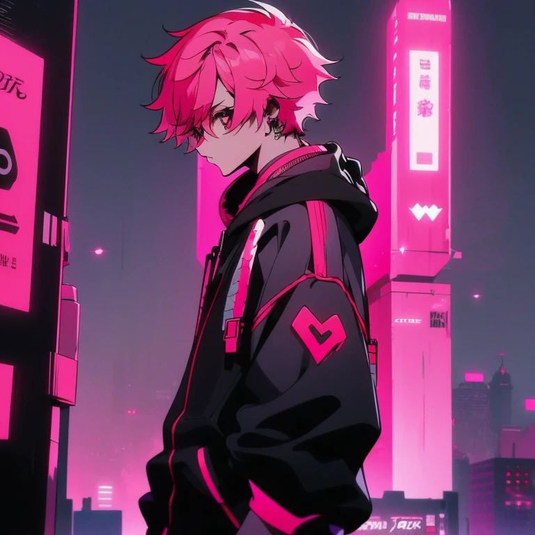 (shortcut), (two block hair), (bright pink hair), (male character), (red eyes), (cool pose), (top quality), (masterpiece), (Super detailed), (oversized hoodie), (Street style), (neon), (modern city), (neonデイライト), (cinematic), (stylish), (High resolution), (hyper-detailed), (soft town), (Nightcore), (a handsome guy), (listening to music while wearing headphones), (natural appearance of the building), (casual), (IG studio anime style), (standing pose), (Shooting from a low angle), (looking at the camera), (Koji Asai)