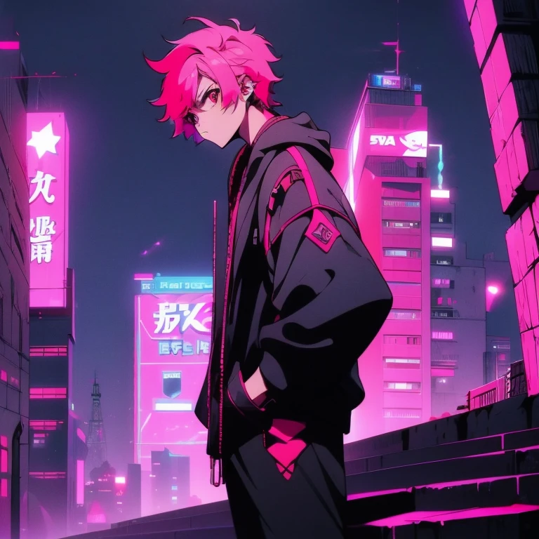 (shortcut), (two block hair), (bright pink hair), (male character), (red eyes), (cool pose), (top quality), (masterpiece), (Super detailed), (oversized hoodie), (Street style), (neon), (modern city), (neonデイライト), (cinematic), (stylish), (High resolution), (hyper-detailed), (soft town), (Nightcore), (a handsome guy), (listening to music while wearing headphones), (natural appearance of the building), (casual), (IG studio anime style), (standing pose), (Shooting from a low angle), (looking at the camera), (Koji Asai)