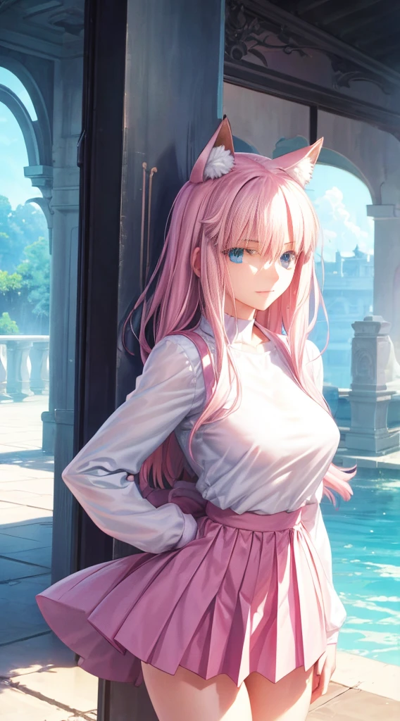 Make a beautiful, tall, young woman with short blue hair, wolf ears, blue eyes, a pretty, perfect face, with a beautiful smile, a beautiful look, a beautiful body, a perfect body, a broad complexion, a slender body, large bust, wide thighs, in a  t-shirt and a pink jacket, in a short pink skirt and white veiled stockings, in pink sneakers, in anime style, high quality, clear image, beautiful image