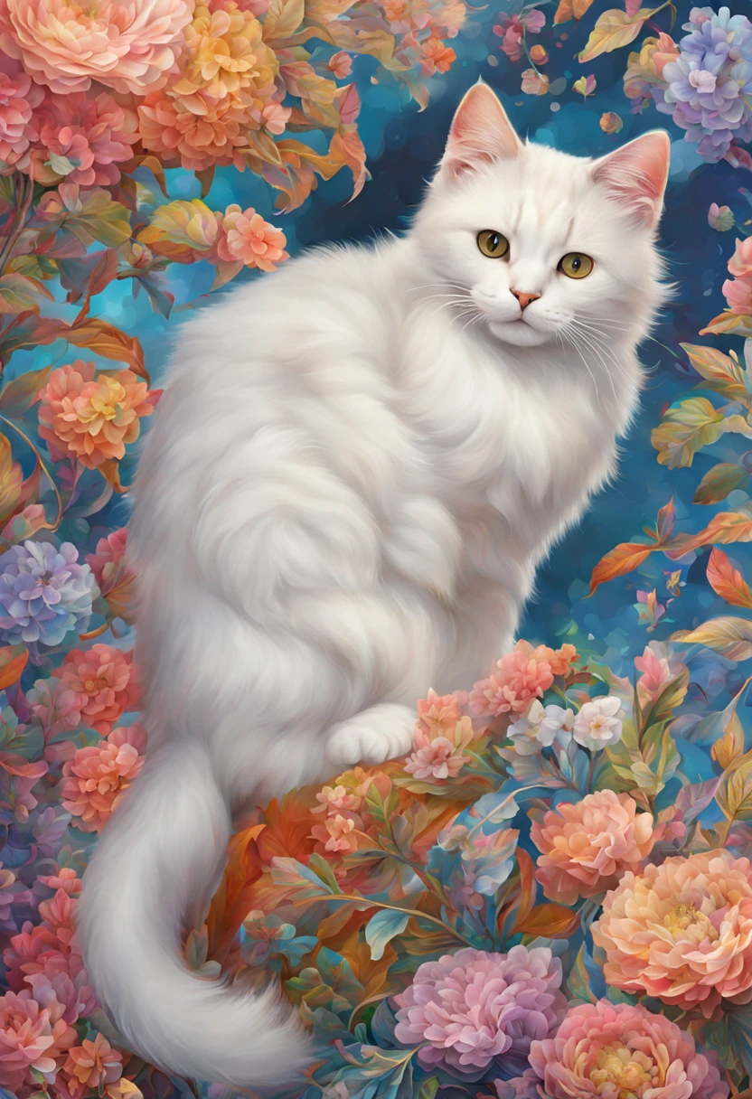 (masterpiece、top-quality、top-quality、Official Art、Beautifully Aesthetic:1.2)、(1 Cat:1.3), A highly detailed、(Fractal Art:1.1)、(colourfull:1.1)(florals:1.3)、The most detailed、(Zentangle:1.2)、full bodyesbian、(abstract background:1.3)、(shinny skin)、(many colors:1.4)、、(耳环)、(pluma:1.5)、Works of masters,high quarity,8K分辨率,super-fine,Detailed pubic hair,准确,Cinematic lighting,