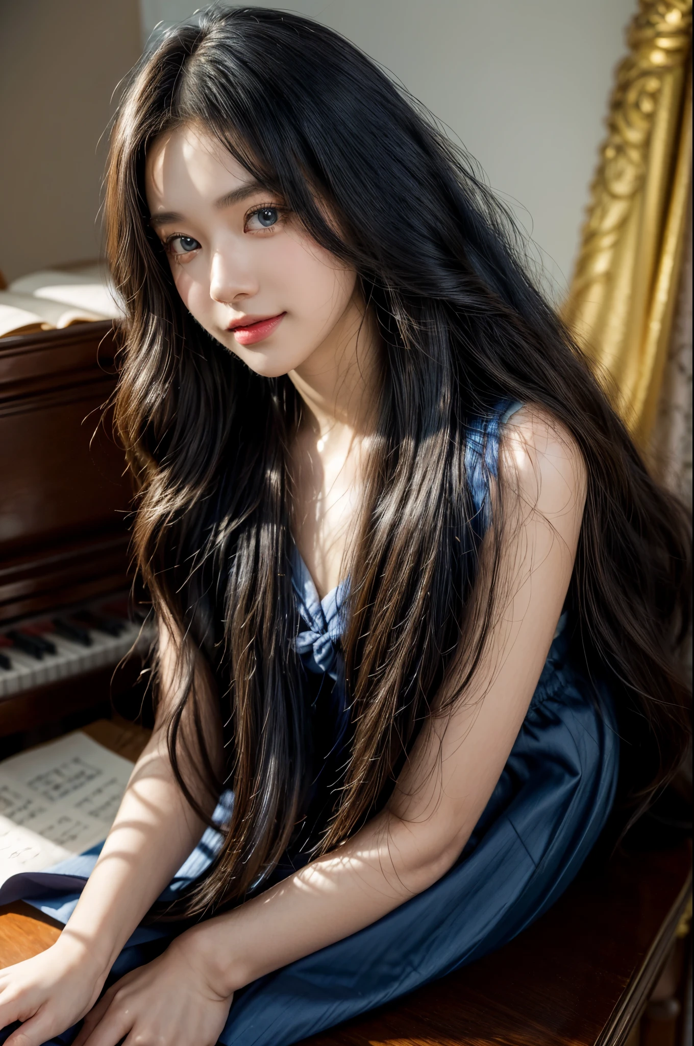high quality,HD,masterpiece,The face is detailed,20 year old girl,blue wavy long hair,seductive smile,seductive face,Sailor suit,topaz jewelry,Big ,short skirt,Classroom with piano in the background