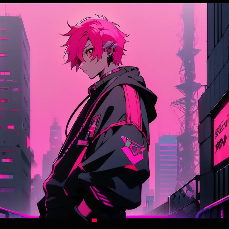 (shortcut), (two block hair), (bright pink hair), (male character), (red eyes), (cool pose), (top quality), (masterpiece), (Super detailed), (oversized hoodie), (Street style), (neon), (modern city), (neonデイライト), (cinematic), (stylish), (High resolution), (hyper-detailed), (soft town), (Nightcore), (a handsome guy), (listening to music while wearing headphones), (natural appearance of the building), (casual), (IG studio anime style), (standing pose), (Shooting from a low angle), (looking at the camera), (Koji Asai)