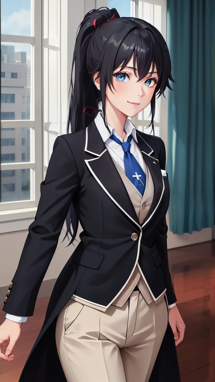 haruno4321((best quality)), ((masterpiece)), (detailed) 1girl 1girl, ;\), blurry, blurry_background, breasts, , hair_ponytail ribbon, looking_at_viewer, ok_sign, one_eye_closed, open_hand, Yukinoshita Yukino ,Woman wearing formal clothes, An attractive coat stands in a large gap in the room , 1girl, 独奏, blue necktie, Black hair, eyes blue, long hair, smile , collared shirt, white pants, white shirt , Elegantly designed coat , Stand in front of a window ,Perfectly tailored tailcoat. It has a stunning Victorian design and is made of lustrous fabric