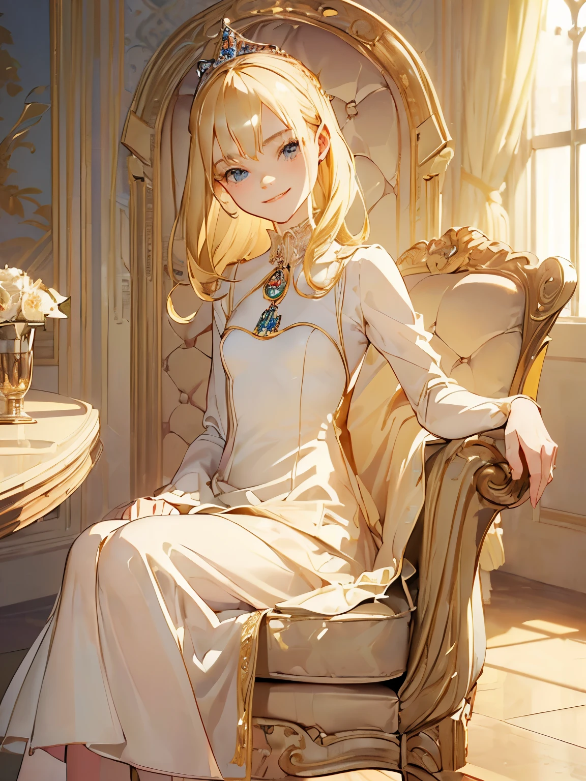 ((( masterpiece ))) ((( background : in s castle : elegant room))) ((( character : Elle Fanning : elegant blonde hair : small breast : princess dress : fit body :  : sitting on a chair : innocent smile )))