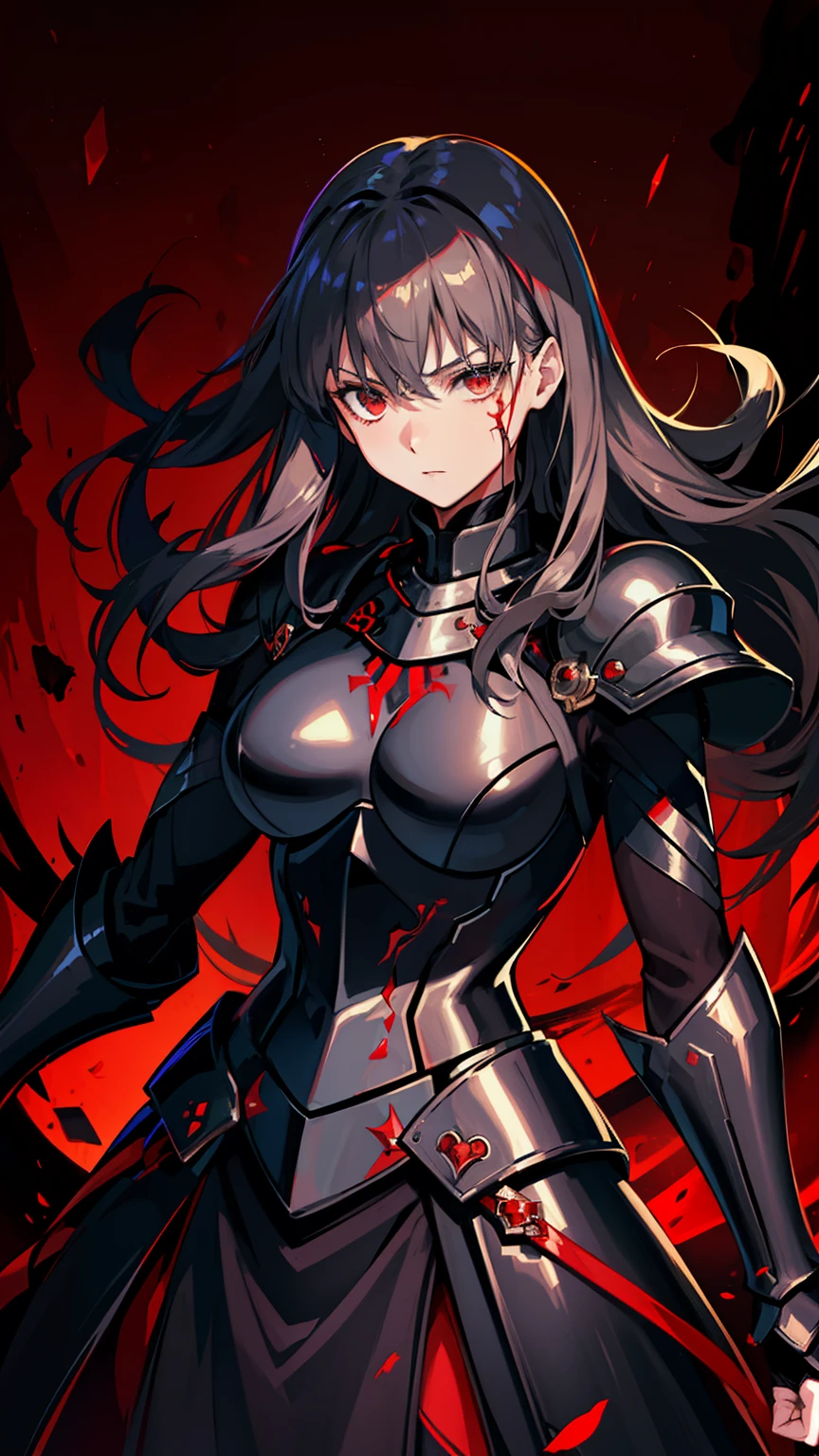 (high-quality, breathtaking),(expressive eyes, perfect face) 1female, girl , solo, young adult, long hair length, wavy curly hair, soft wave, black hair color, red highlights in hair, deep red eye color, background, music, serious confident expression, mature, dominant, haunting red background, armor, onyx black armor with red trim, midnight dark armor with red cracks engraved in the exterior, saber alter, alter saber fate stay night, corrupted theme, corrupted armor, red lines on armor, conquerer vibe, red markings on armor, slightly narrow eyes, evil queen, narrow beautiful eyes