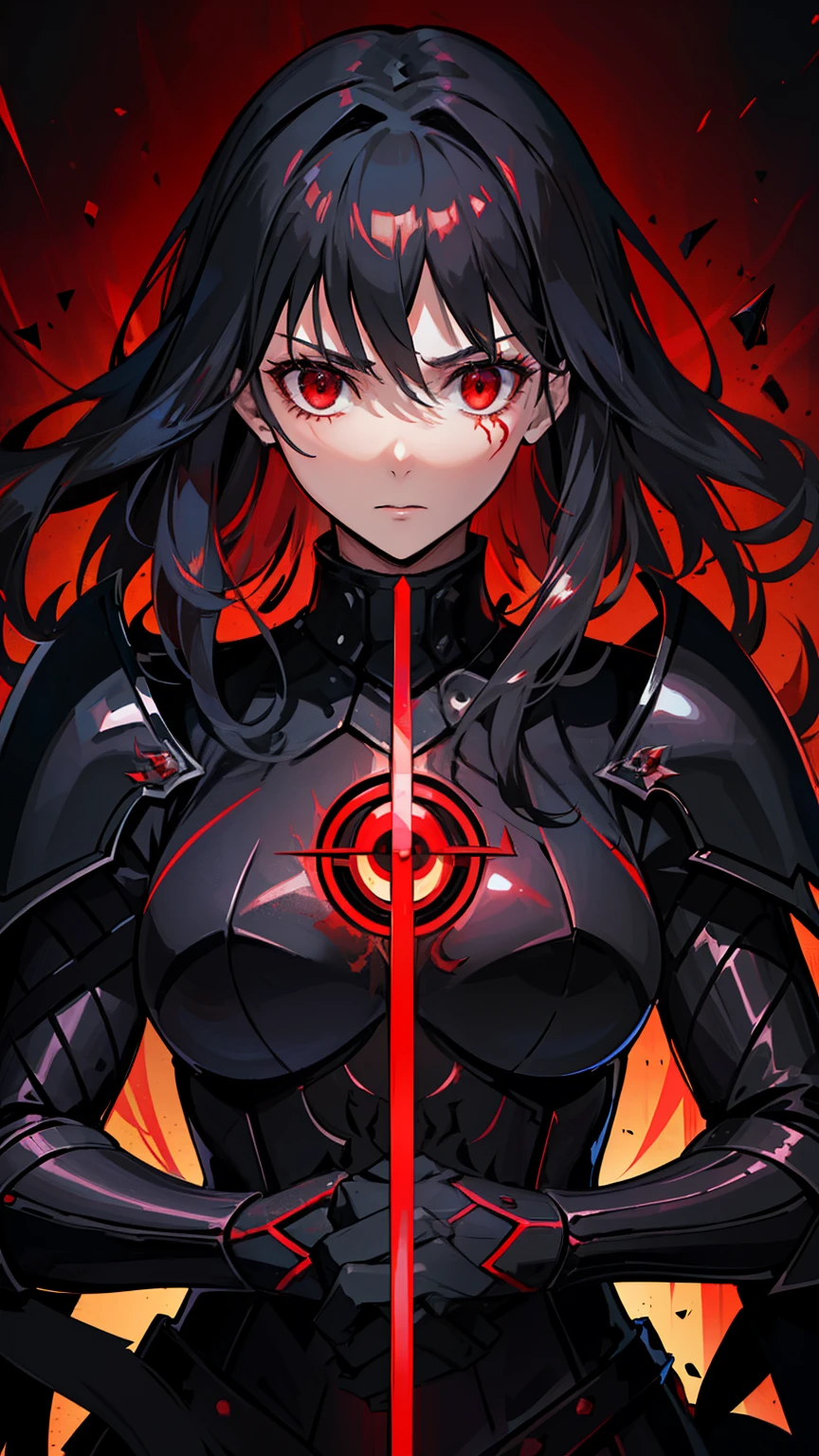 (high-quality, breathtaking),(expressive eyes, perfect face) 1female, girl , solo, young adult, long hair length, wavy curly hair, soft wave, black hair color, red highlights in hair, deep red eye color, background, music, serious confident expression, mature, dominant, haunting red background, armor, onyx black armor with red trim, midnight dark armor with red cracks engraved in the exterior, saber alter, alter saber fate stay night, corrupted theme, corrupted armor, red lines on armor, conquerer vibe, red markings on armor, slightly narrow eyes, evil queen, narrow beautiful eyes