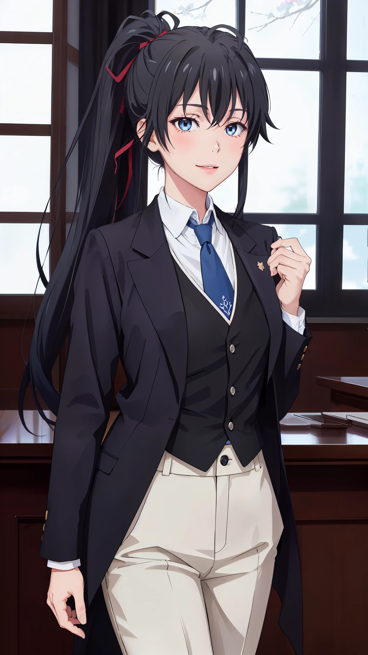 haruno4321((best quality)), ((masterpiece)), (detailed) 1girl 1girl, ;\), blurry, blurry_background, breasts, , hair_ponytail ribbon, looking_at_viewer, ok_sign, one_eye_closed, open_hand, Yukinoshita Yukino ,Woman wearing formal clothes, An attractive coat stands in a large gap in the room , 1girl, 独奏, blue necktie, Black hair, eyes blue, long hair, smile , collared shirt, white pants, white shirt , Elegantly designed coat , Stand in front of a window ,Perfectly tailored tailcoat. It has a stunning Victorian design and is made of lustrous fabric