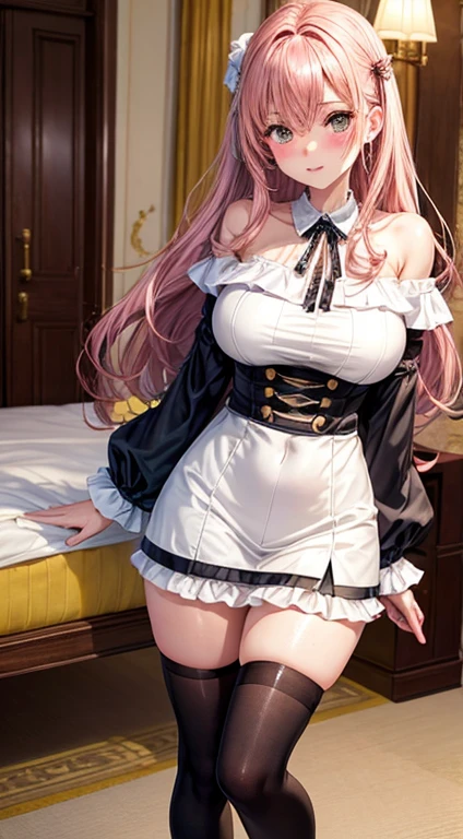 blush、looking at me、adult woman、Flashy Cosplay、big breasts、thin thighs、knee high socks、off shoulder、glittering clothes、gorgeous、inside the hotel、sexy pose
