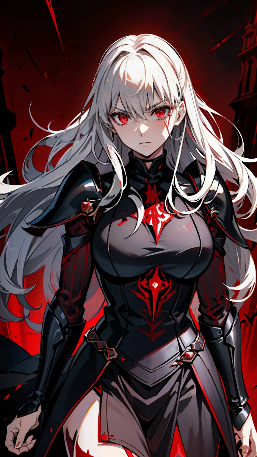 (high-quality, breathtaking),(expressive eyes, perfect face) 1female, girl , solo, young adult, long hair length, wavy curly hair, soft wave, black hair color, red highlights in hair, deep red eye color, background, music, serious confident expression, mature, dominant, haunting red background, armor, onyx black armor with red trim, midnight dark armor with red cracks engraved in the exterior, saber alter, alter saber fate stay night, corrupted theme, corrupted armor, red lines on armor, conquerer vibe, red markings on armor, slightly narrow eyes, evil queen, narrow beautiful eyes
