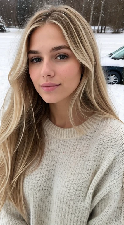 A 23-year-old blonde woman, ((pechos grandes)), ((hiperrealismo)) ,. blonde hair with light brown roots. cabello rubio, Hair with brown roots, cabello extra largo, cabello muy largo, really long hair, Beautiful, snow, sweater, cold