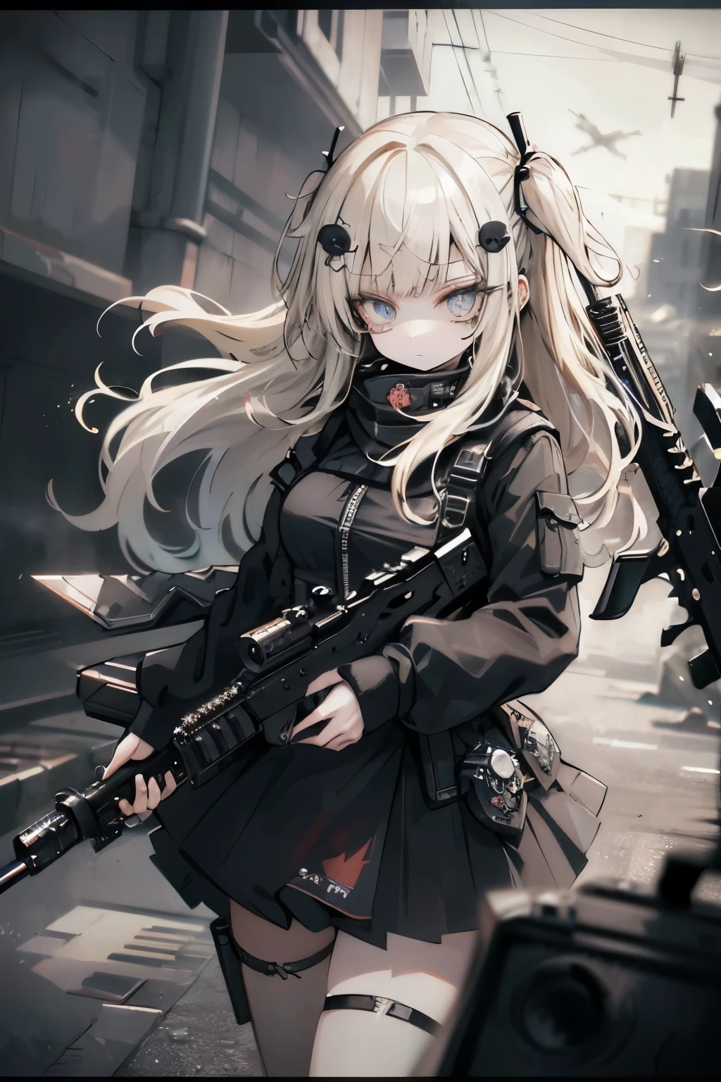 {{Masterpiece, top quality, highly detailed CG, unified 8k wallpaper, movie lighting, lens flare}}, 1 girl holding a rifle through the wall, wide view, thick body, long blonde hair soaring in the wind, green eyes, (holding a weapon, holding a rifle, aiming, aiming: 1.4), gun, h&k hk416, carbine, open fire, rubble, ruins of conflict areas, plumes, nitric smoke, blast waves, Flying bullets, sniper, 35mm, f/1.8, night, blue eyes, war, explosion
