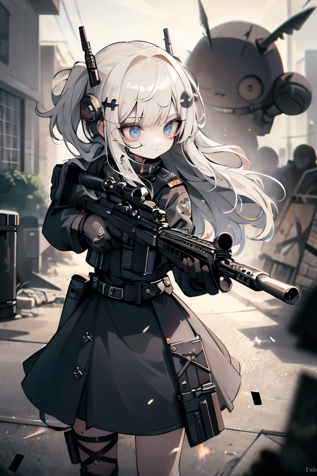 {{Masterpiece, top quality, highly detailed CG, unified 8k wallpaper, movie lighting, lens flare}}, 1 girl holding a rifle through the wall, wide view, thick body, long blonde hair soaring in the wind, green eyes, (holding a weapon, holding a rifle, aiming, aiming: 1.4), gun, h&k hk416, carbine, open fire, rubble, ruins of conflict areas, plumes, nitric smoke, blast waves, Flying bullets, sniper, 35mm, f/1.8, night, blue eyes, war, explosion