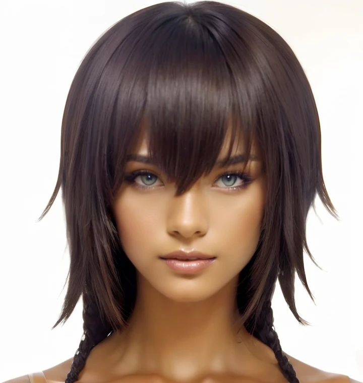 ((masterpiece)), ((highest quality)), 8K, HD, (((ponytail))), brown skin, Arab, blue eyes, Beautiful woman in her 40s, serious expression