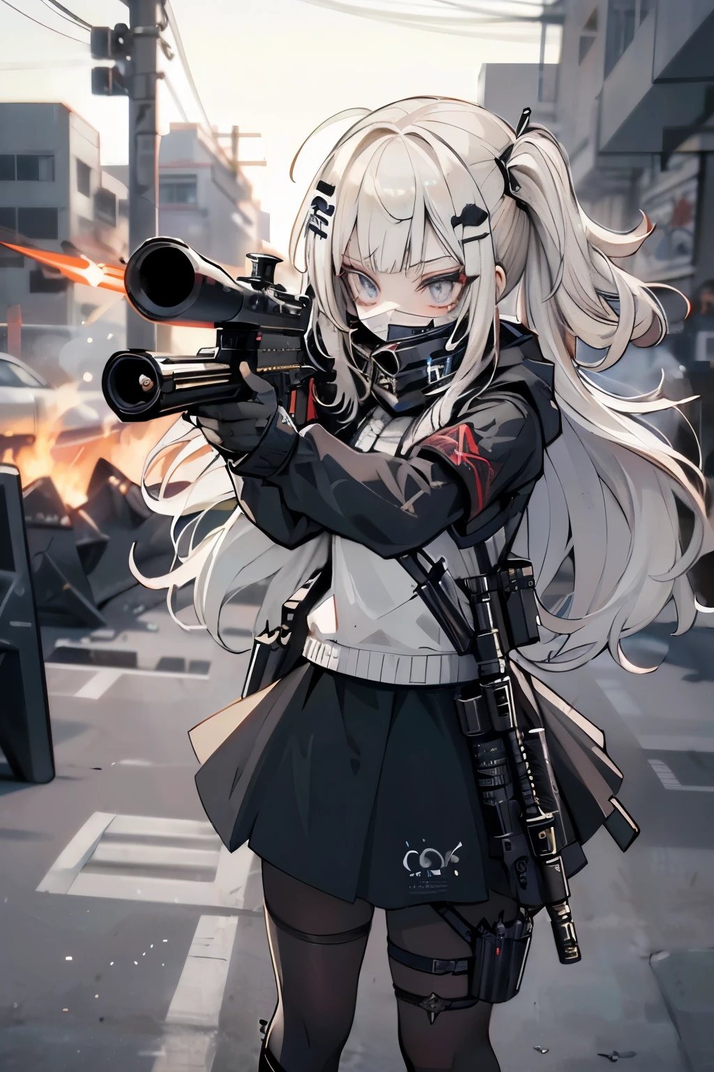 {{Masterpiece, top quality, highly detailed CG, unified 8k wallpaper, movie lighting, lens flare}}, 1 girl holding a rifle through the wall, wide view, thick body, long blonde hair soaring in the wind, green eyes, (holding a weapon, holding a rifle, aiming, aiming: 1.4), gun, h&k hk416, carbine, open fire, rubble, ruins of conflict areas, plumes, nitric smoke, blast waves, Flying bullets, sniper, 35mm, f/1.8, night, blue eyes, war, explosion