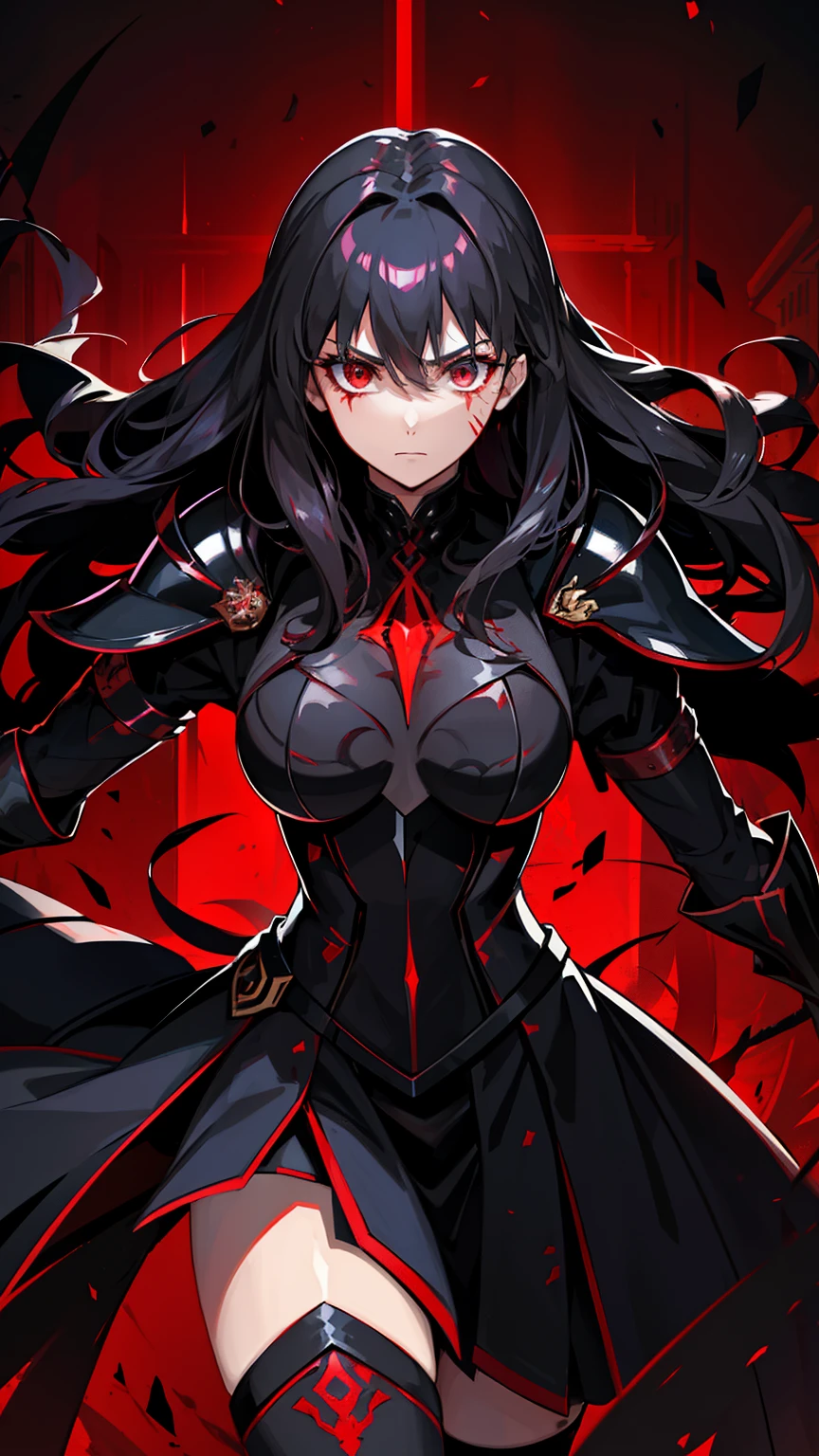 (high-quality, breathtaking),(expressive eyes, perfect face) 1female, girl , solo, young adult, long hair length, wavy curly hair, soft wave, black hair color, red highlights in hair, deep red eye color, background, music, serious confident expression, mature, dominant, haunting red background, armor, onyx black armor with red trim, midnight dark armor with red cracks engraved in the exterior, saber alter, alter saber fate stay night, corrupted theme, corrupted armor, red lines on armor, conquerer vibe, red markings on armor, slightly narrow eyes, evil queen, narrow beautiful eyes