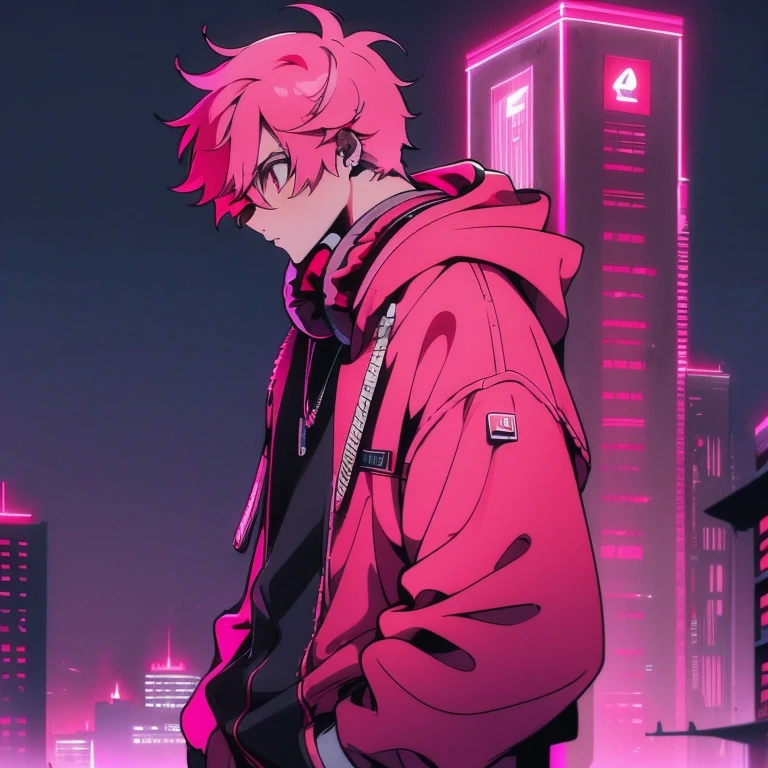 (shortcut), (two block hair), (bright pink hair), (male character), (red eyes), (cool pose), (top quality), (masterpiece), (Super detailed), (oversized hoodie), (Street style), (neon), (modern city), (neonデイライト), (cinematic), (stylish), (High resolution), (hyper-detailed), (soft town), (Nightcore), (a handsome guy), (listening to music while wearing headphones), (natural appearance of the building), (casual), (IG studio anime style), (standing pose), (Shooting from a low angle), (looking at the camera), (Koji Asai)
