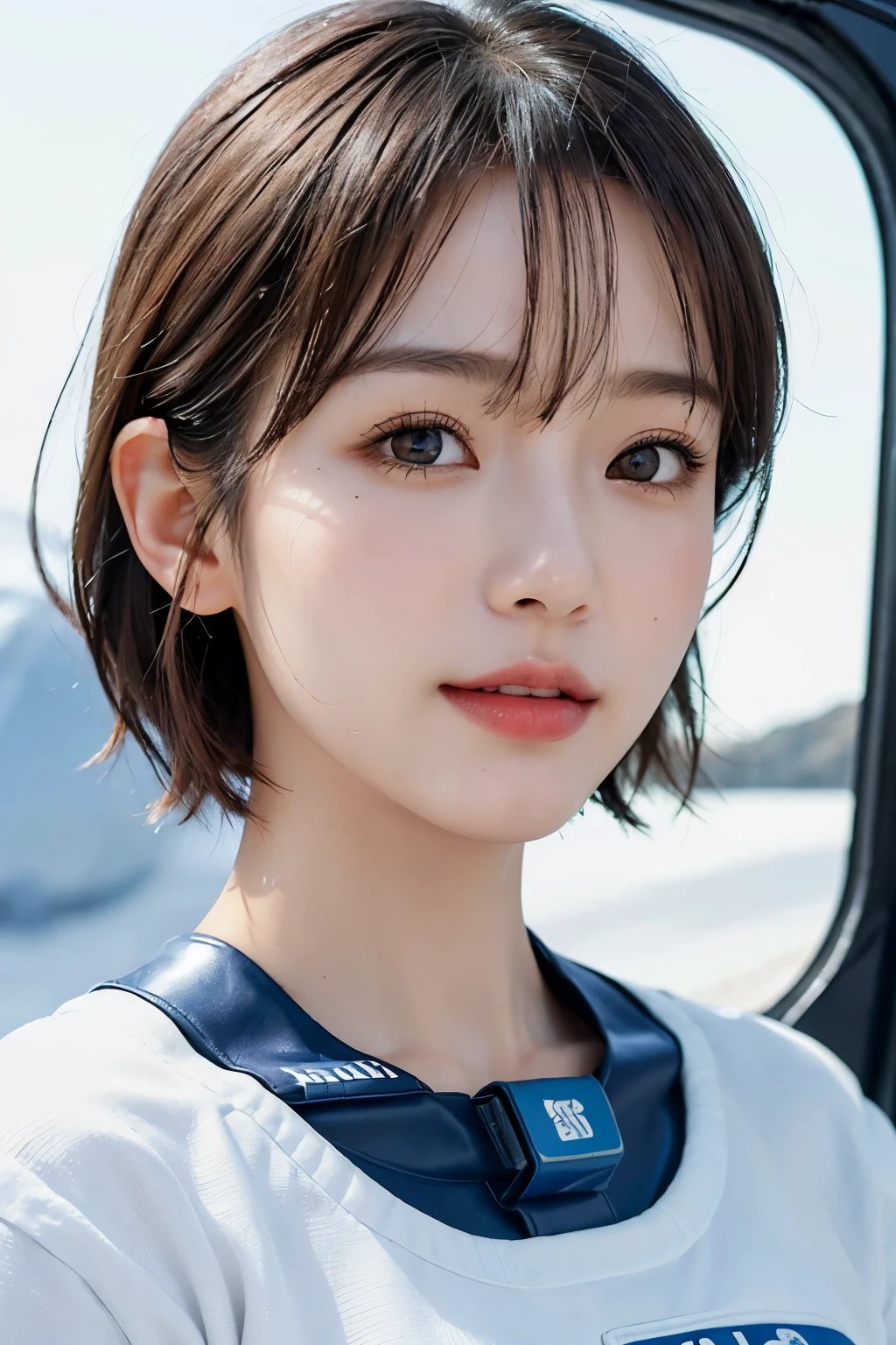 highest quality、masterpiece、ultra high resolution、(real:1.4)、Beautiful woman1、Beautiful details of eyes and skin、smile、light brown short cut hair、The perfect spacesuit、South Pole、glacier、snow、