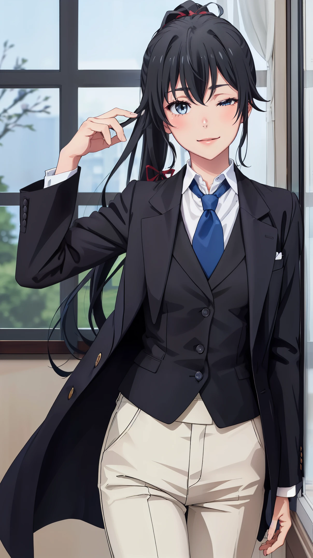 haruno4321((best quality)), ((masterpiece)), (detailed) 1girl 1girl, ;\), blurry, blurry_background, breasts, , hair_ponytail ribbon, looking_at_viewer, ok_sign, one_eye_closed, open_hand, Yukinoshita Yukino ,Woman wearing formal clothes, An attractive coat stands in a large gap in the room , 1girl, 独奏, blue necktie, Black hair, eyes blue, long hair, smile , collared shirt, white pants, white shirt , Elegantly designed coat , Stand in front of a window ,Perfectly tailored tailcoat. It has a stunning Victorian design and is made of lustrous fabric