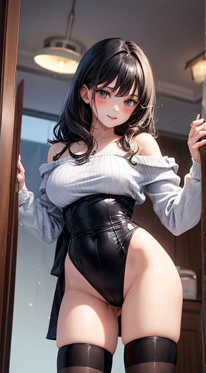 blush、looking at me、adult black haired woman、、serious、Flashy Cosplay、cute high school girl、thin waist、beautiful abs、big breasts、thin thighs、knee high socks、off shoulder、glittering clothes、gorgeous、inside the hotel、sexy pose、angle from below