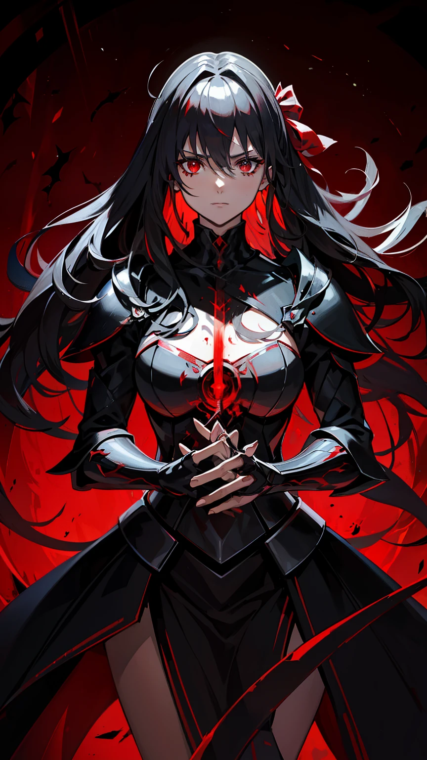 (high-quality, breathtaking),(expressive eyes, perfect face) 1female, girl , solo, young adult, long hair length, wavy curly hair, soft wave, black hair color, red highlights in hair, deep red eye color, background, music, serious confident expression, mature, dominant, haunting red background, armor, onyx black armor with red trim, midnight dark armor with red cracks engraved in the exterior, saber alter, alter saber fate stay night, corrupted theme, corrupted armor, red lines on armor, conquerer vibe, red markings on armor, slightly narrow eyes, evil queen, narrow beautiful eyes