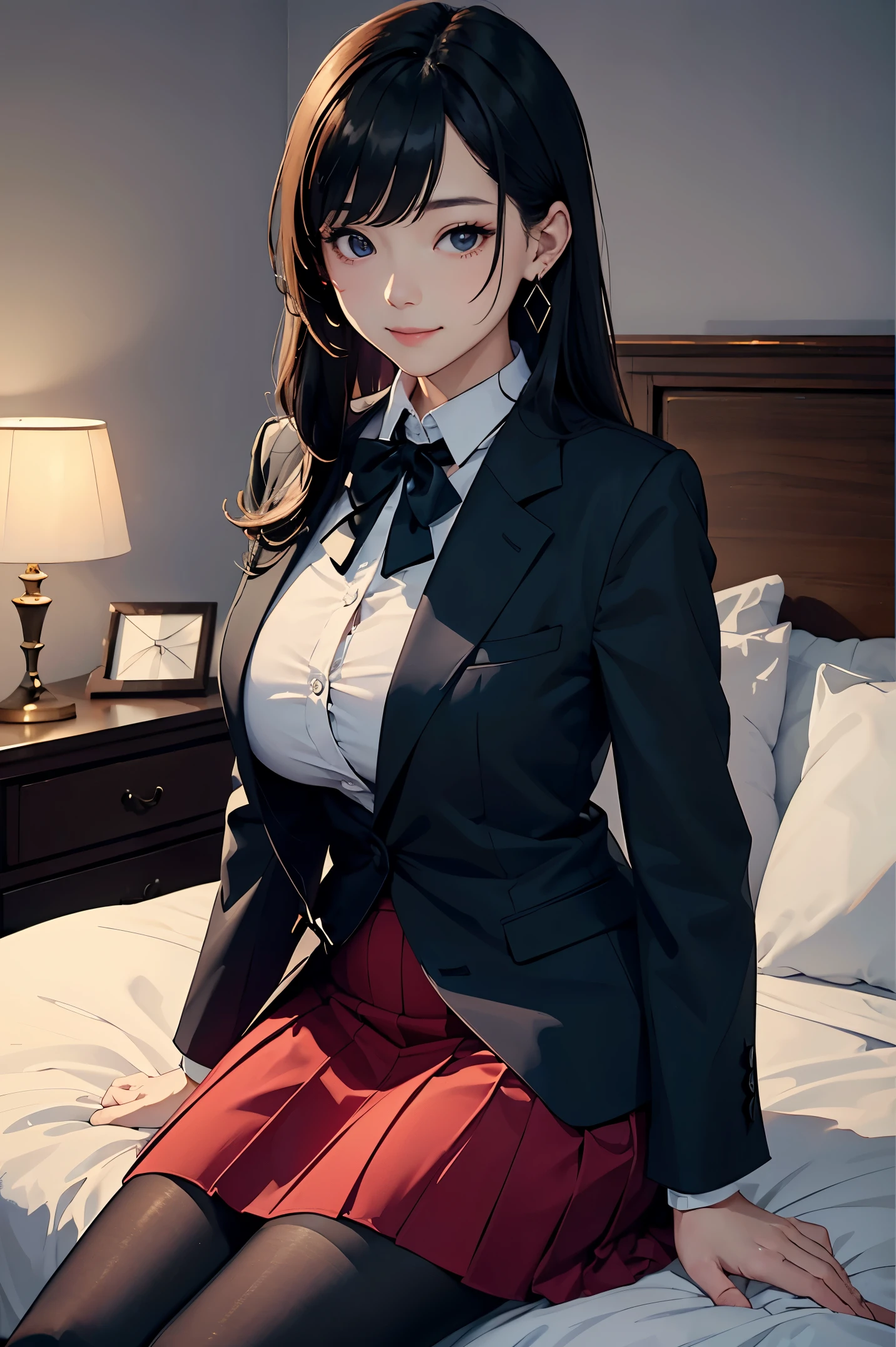 (masterpiece:1.4)、(highest quality:1.4)、ultra high resolution、beautiful features、20 year old woman、black straight long hair、earrings、business suit、white long sleeve collared shirt、Tight Skirt、black tights、(huge breasts:1.1)、red face、smile、sit、hotel bedroom、bed、wine glass、窓の外はnight景、night