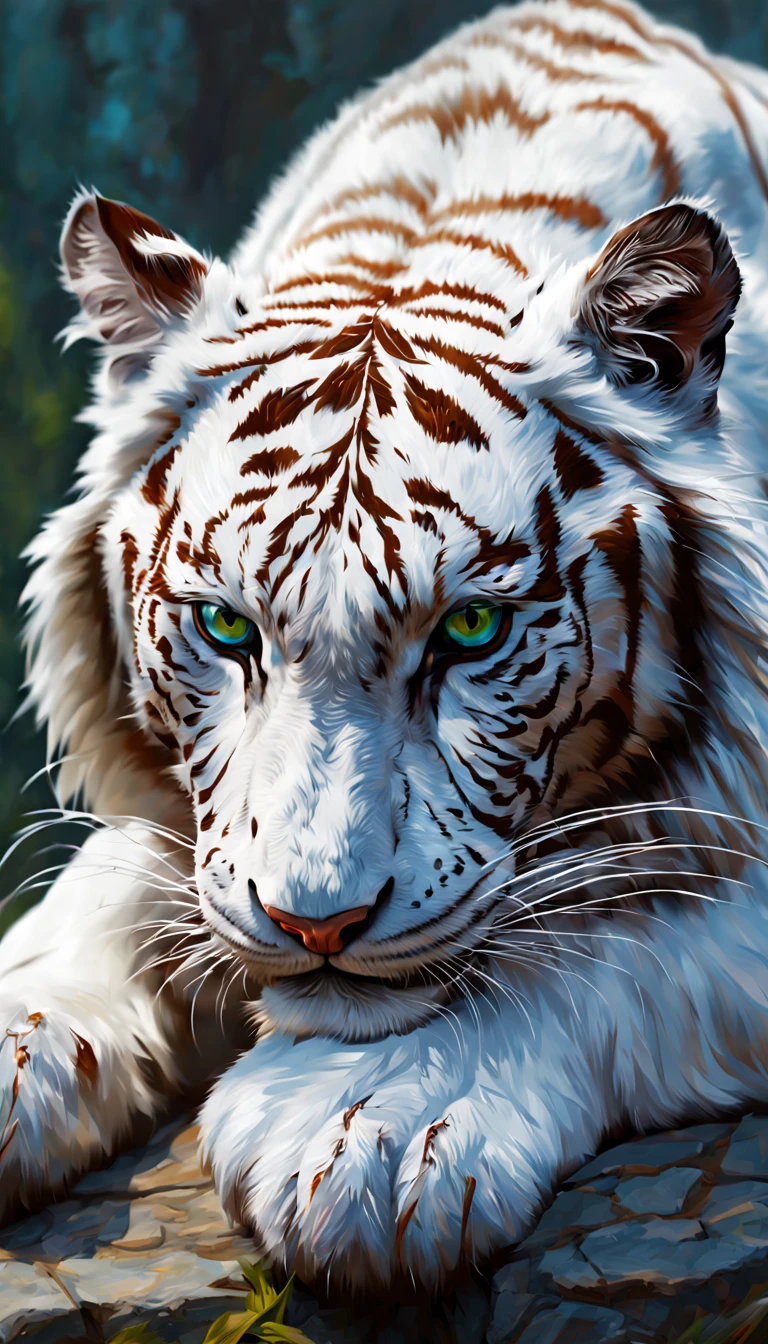 by Leonid Afremov, White Tiger, octane render, enhance, intricate, (best quality, masterpiece, Representative work, official art, Professional, unity 8k wallpaper:1.3)