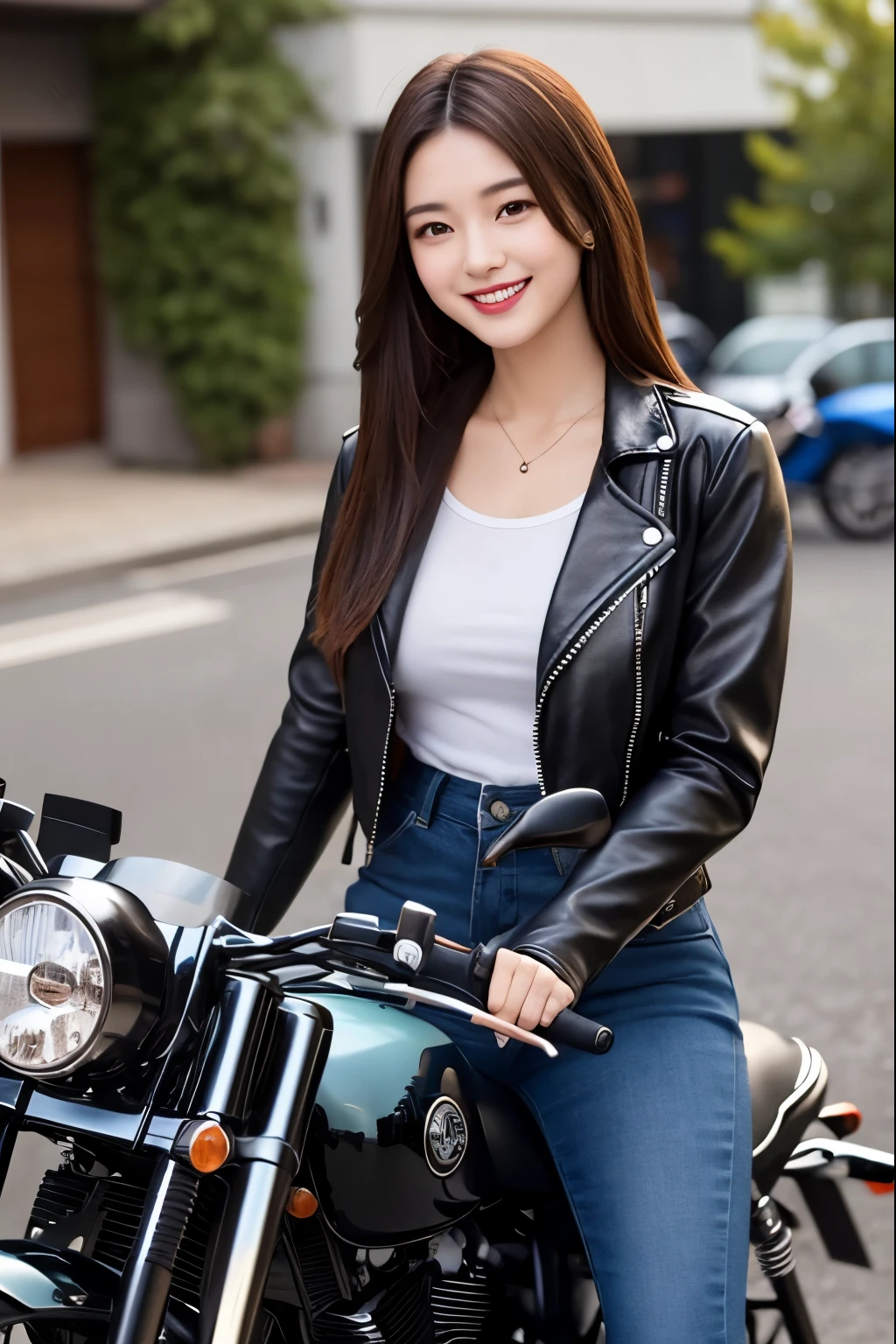 smile、leather jacket、A slim 30-year-old woman with long hair riding a motorcycle、Sharp and clear images