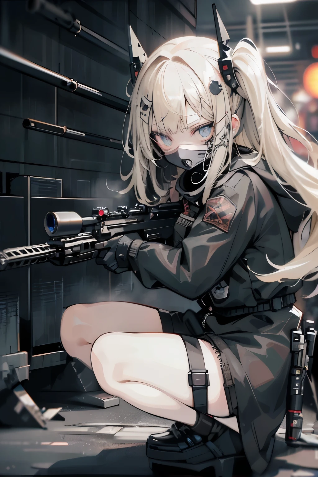 {{Masterpiece, top quality, highly detailed CG, unified 8k wallpaper, movie lighting, lens flare}}, 1 girl holding a rifle through the wall, wide view, thick body, long blonde hair soaring in the wind, green eyes, (holding a weapon, holding a rifle, aiming, aiming: 1.4), gun, h&k hk416, carbine, open fire, rubble, ruins of conflict areas, plumes, nitric smoke, blast waves, Flying bullets, sniper, 35mm, f/1.8, night, blue eyes, war, explosion, squat pose