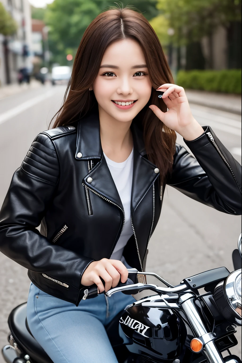 smile、leather jacket、A slim 30-year-old woman with long hair riding a motorcycle、Sharp and clear images