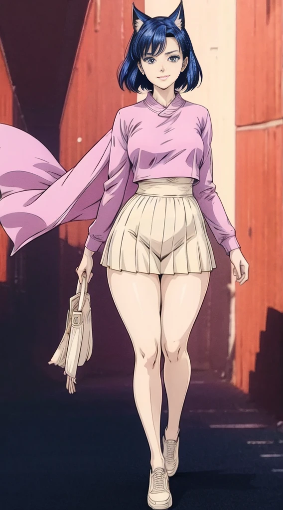 Make a beautiful, tall, young woman with short blue hair, wolf ears, blue eyes, a pretty, perfect face, with a beautiful smile, a beautiful look, a beautiful body, a perfect body, a broad complexion, a slender body, large bust, wide thighs, in a tight white t-shirt and a pink jacket, in a short pink skirt and white veiled stockings, in pink sneakers, in anime style, high quality, clear image, beautiful image