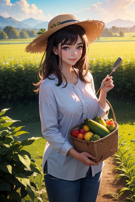 (best quality,8k,highres,masterpiece:1.2),stunningly beautiful woman in her 20s,working on a farm,with long sleeves,long pants,(straw hat),vivid colors,ultra-detailed,farm scenery,agricultural tools,plentiful harvest,peaceful atmosphere,warm sunlight,sharp focus,realistic lighting,photorealistic,landscape,portrait,lovely,organic crops,farmland,greenery,fresh air,happy expression,farmer's market,abundant fruits and vegetables,lush fields,endless rows of crops,bountiful harvest,working in harmony with nature,sense of fulfillment and joy.