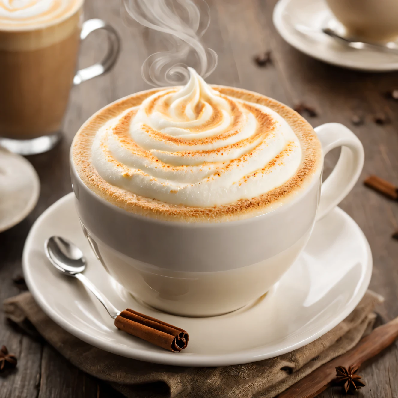 Penka Cappuccino wrote text "Good morning", Photo of vanilla cappuccino with creamy foam, fragrant steam emanates from the cup, creating a cozy atmosphere for a pleasant morning, very detailed, extremely detailed, tasty and appetizing, masterpiece of product photography