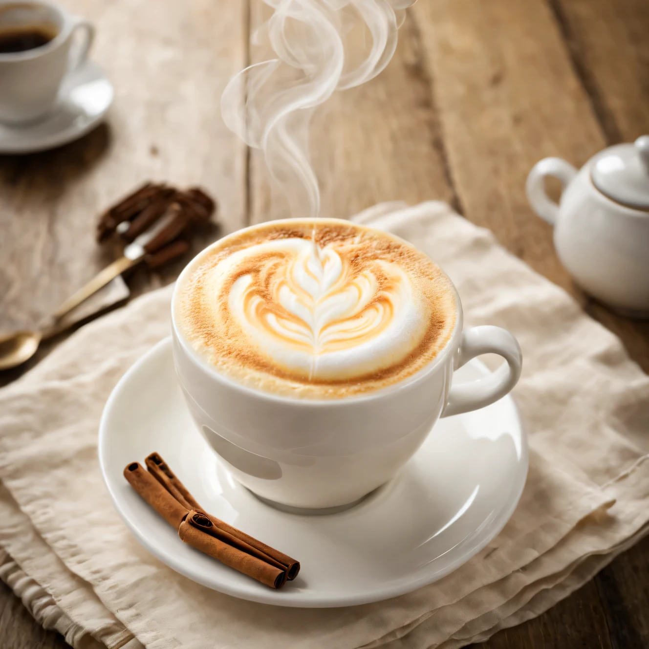 Penka Cappuccino wrote text "Good morning", Photo of vanilla cappuccino with creamy foam, fragrant steam emanates from the cup, creating a cozy atmosphere for a pleasant morning, very detailed, extremely detailed, tasty and appetizing, masterpiece of product photography