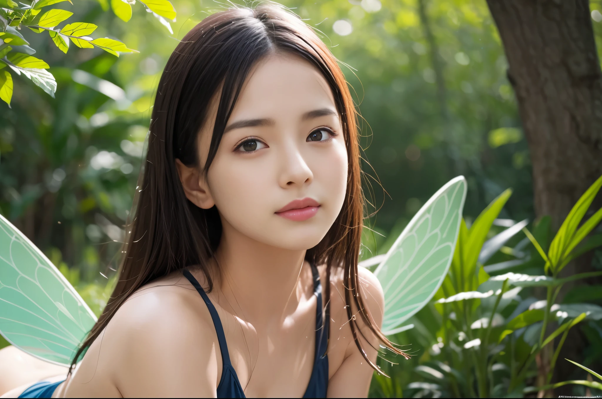 (8K、Live shooting、realistic:1.25)、1 girl、A fairy like a 14 year old girl with a beautiful face、in the forest、flying in the sky、blonde、Aori Shot、fairy wings are transparent、smile、whole body、luminous bikini swimsuit、lip gloss、Glossy skin、highest quality、ultra high resolution、