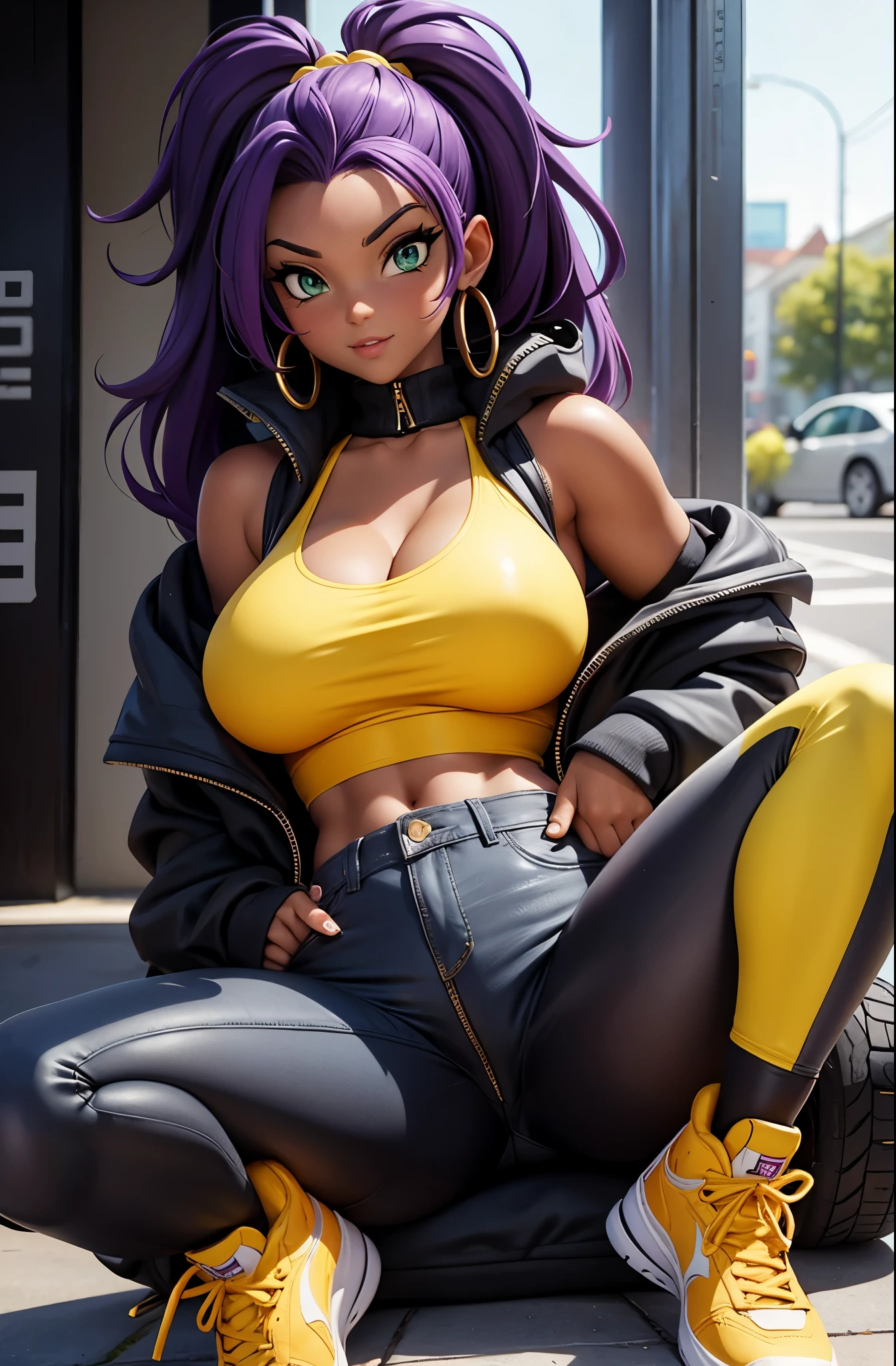 Only a black girl, purple hair.  Green eyes.  Slender, athletic and elegant build.  Yellow tank top, black latex pants, a denim jacket.  She completed her outfit with yellow sneakers.amazing stunningly beautiful, most beautiful women ever. Big boobs, nsfw, big ass