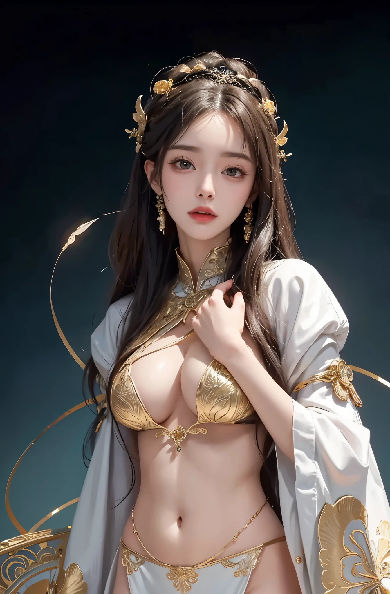 (masterpiece、highest quality、highest quality、official art、beautiful and aesthetic:1.2)、(1 girl)、extreme details、colorful、highest details、official art、unity 8k wallpaper、Super detailed、beautiful and aesthetic、big boobs、masterpiece、highest quality、(zentangle、mandala、tangle、Entanglement)、holy light、gold foil、gold foilアート、Glitter painting、Perfect NwsjMajmagic