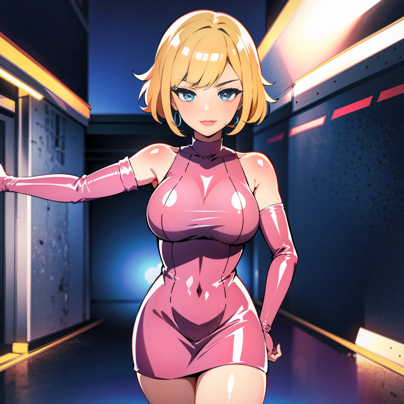 ((1girl in slutty pink latex dress, ))),solo girl, hoop earrings, Puffy lips, Painted lips, thick lips. Blonde hair, short hair , wide hips, thick thighs, Bursting breasts ,evil smile, bimbo,stripclub