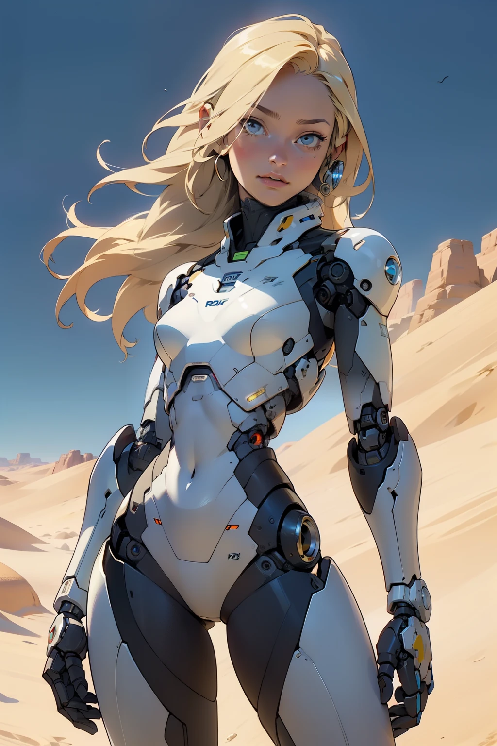 high quality, 4k, masterpiece, beautiful, cyborg girl, cowboy shot, dull eyes, looking at viewer, long blonde hair, girl, small breasts, fit thigh, robotic arms, robotic body, cyborg body, yellow accent, intricate detail, joint, detailed lines, robotic detail, holding fist up, holding hand up as fist, color robotic parts, robotic parts with color, perfect fingers, on a desert planet, sunny background, colorful desert,