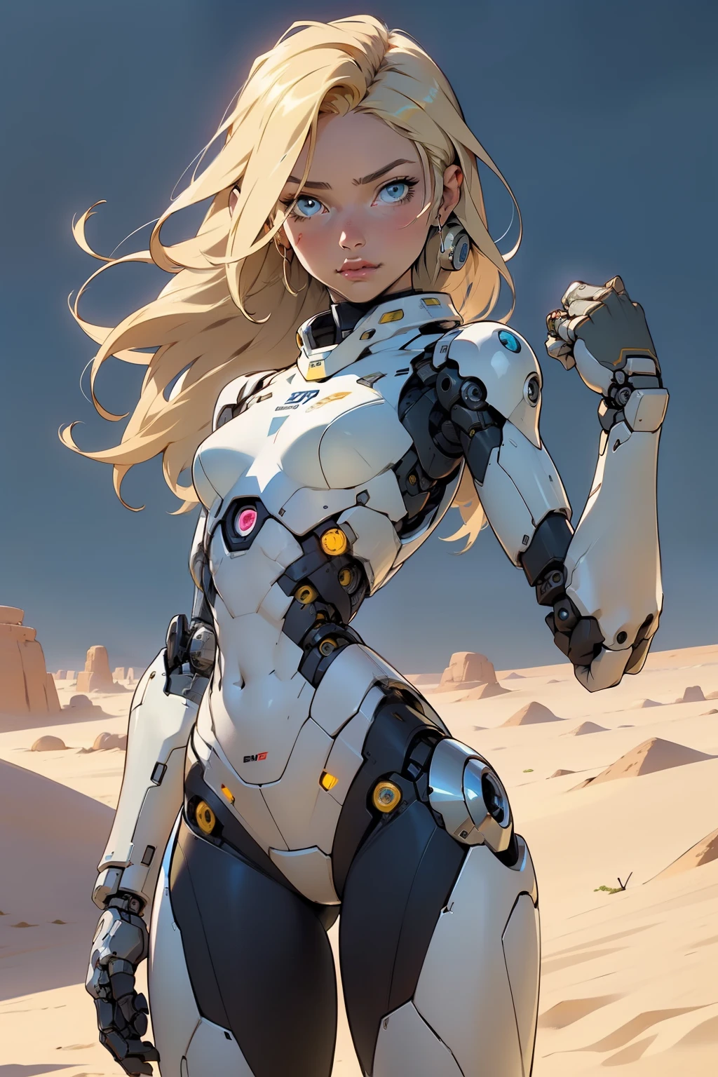 high quality, 4k, masterpiece, beautiful, cyborg girl, cowboy shot, dull eyes, looking at viewer, long blonde hair, girl, small breasts, fit thigh, robotic arms, robotic body, cyborg body, yellow accent, intricate detail, joint, detailed lines, robotic detail, holding fist up, holding hand up as fist, color robotic parts, robotic parts with color, perfect fingers, on a desert planet, sunny background, colorful desert,