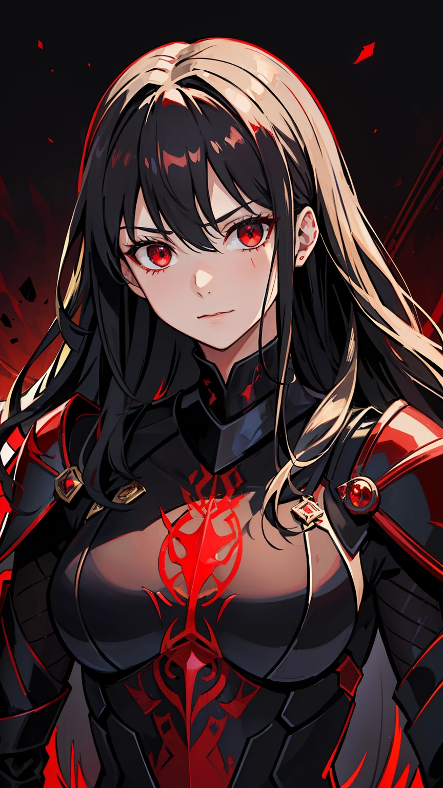 (high-quality, breathtaking),(expressive eyes, perfect face) 1female, girl , solo, young adult, long hair length, wavy curly hair, soft wave, black hair color, red highlights in hair, deep red eye color, background, music, serious confident expression, a soft smirk, mature, dominant, haunting red background, armor, onyx black armor with red trim, midnight dark armor with red cracks engraved in the exterior, saber alter, alter saber fate stay night, corrupted theme, corrupted armor, red lines on armor, conquerer vibe, red markings on armor, slightly narrow eyes, evil queen, narrow beautiful eyes
