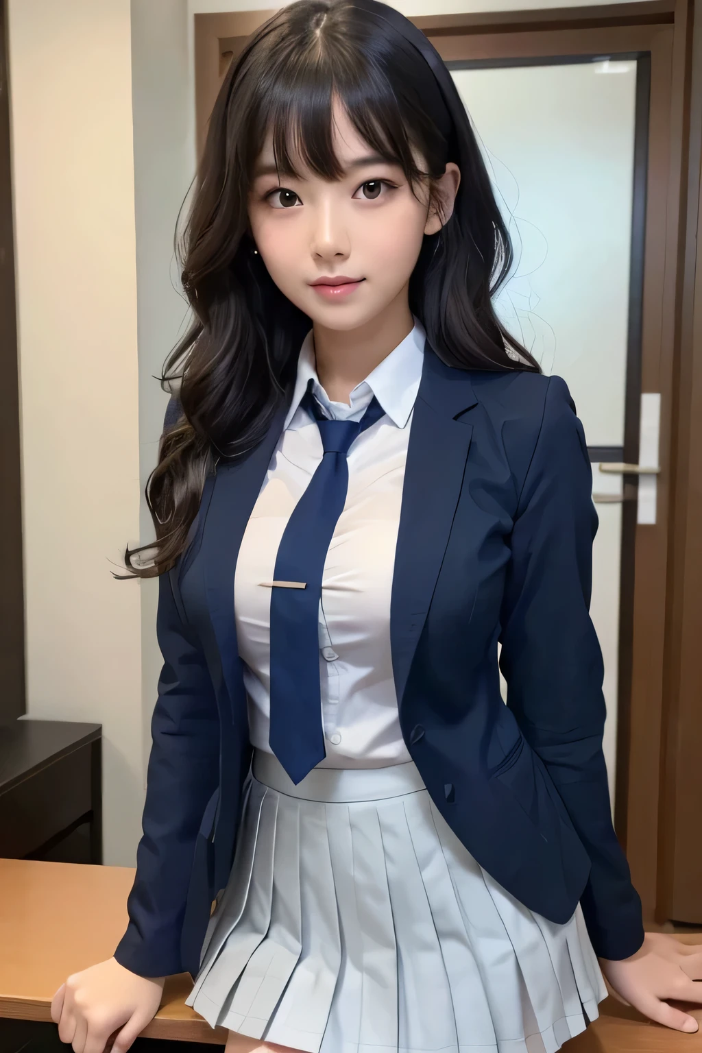 8K, highest quality, real image, intricate details, Super detailed, ultra high resolution, depth field,(realistic,realistic:1.2),table top , frontal shot , From the middle , 1 girl, eye_Chan, very beautiful 17 year old girl, innocent big eyes,、beautiful breasts:1.5、非常に詳細なeye:1.2)、(beautiful breasts:1.1)、wavy hair、curly hair、black hair、bangs, perfect skin, Fair skin, huge breasts, cleavage, tight waist, light blush, alone, look at the viewer,  ((School_uniform),(dark blue blazer), (white shirt、Wearing a tie), (gray pleated skirt), (sculpture installation :1.1)