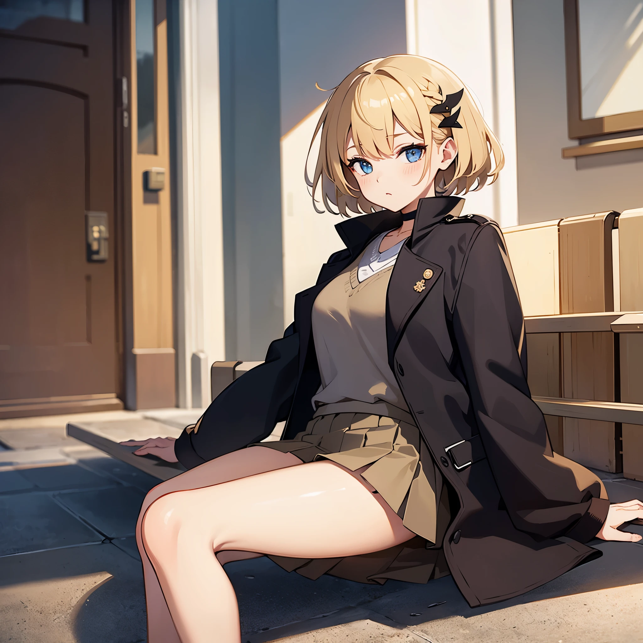 Masterpiece, solo, 1girl, overcoat, hair ornament, short skirt, short blonde hair, Street 