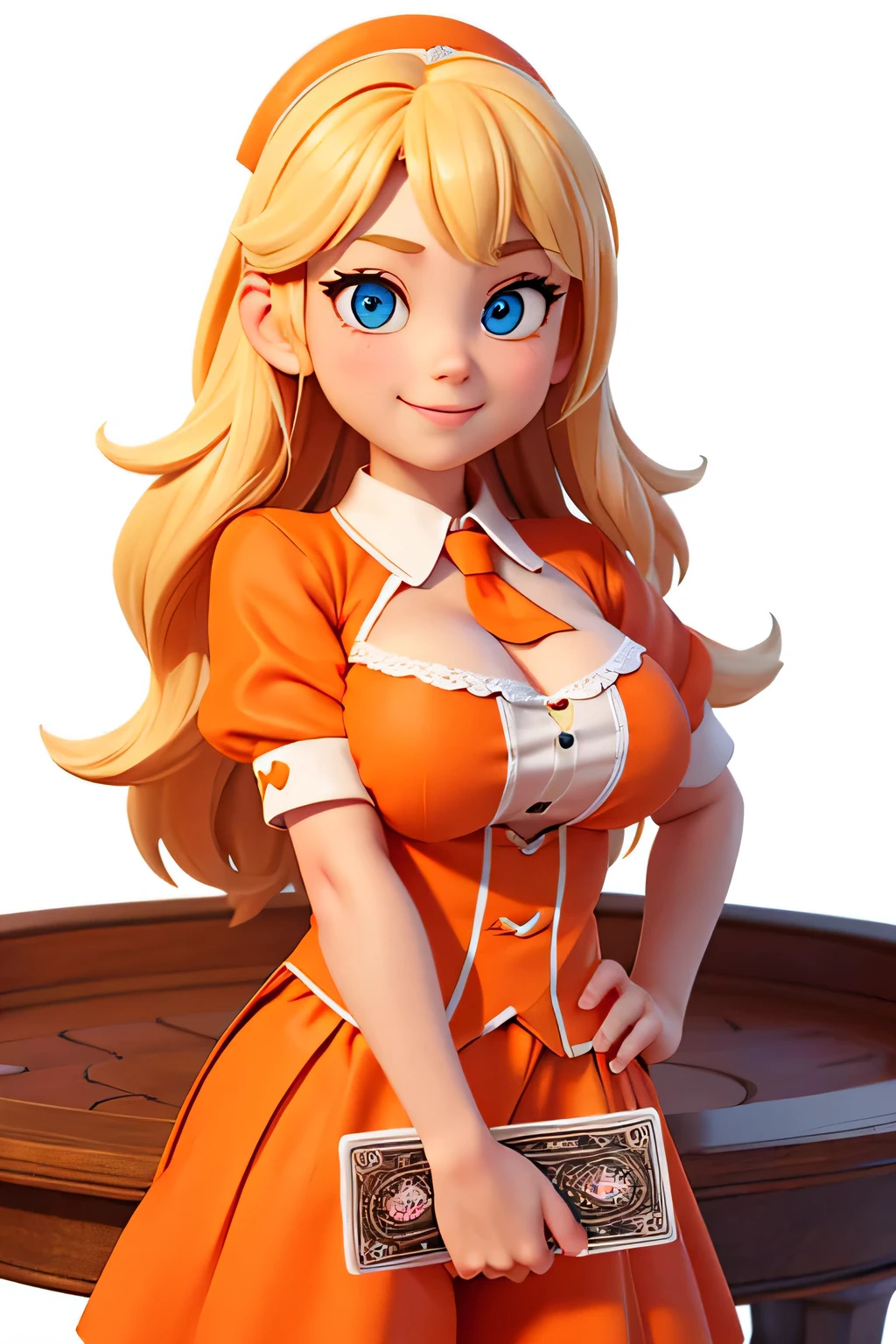 a girl,8k highly detailed, casual games, , 3D art style, Half body photo,White background,big eyes,blond,Lovely,orange clothes,dealer,solid color background,long hair,Smile,full,proudly,E杯,Business line,boobgasm,playing cards in hand