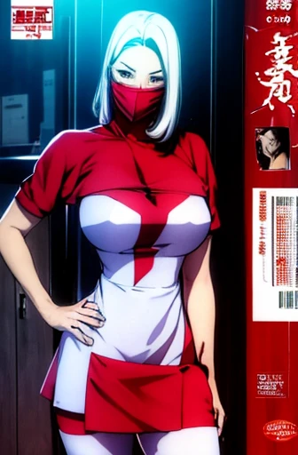 red nurse, 1womanl, Nurse, Nurse Cap, Redware, ((Red legwear, zettai ryouiki)), Red Elbow Gloves, Silver hair, Blue eyes, ((White surgical mask, Cover the nose)), Standing, ((surgery room)), sharp outline, Short sleeves, a matural female, 35 year old, Best Quality, masutepiece ,oversize boobs